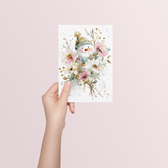 Watercolor Snowman Adorned with Flowers Portrait Wall Art Print Poster, Unframed - Picture 5 of 6